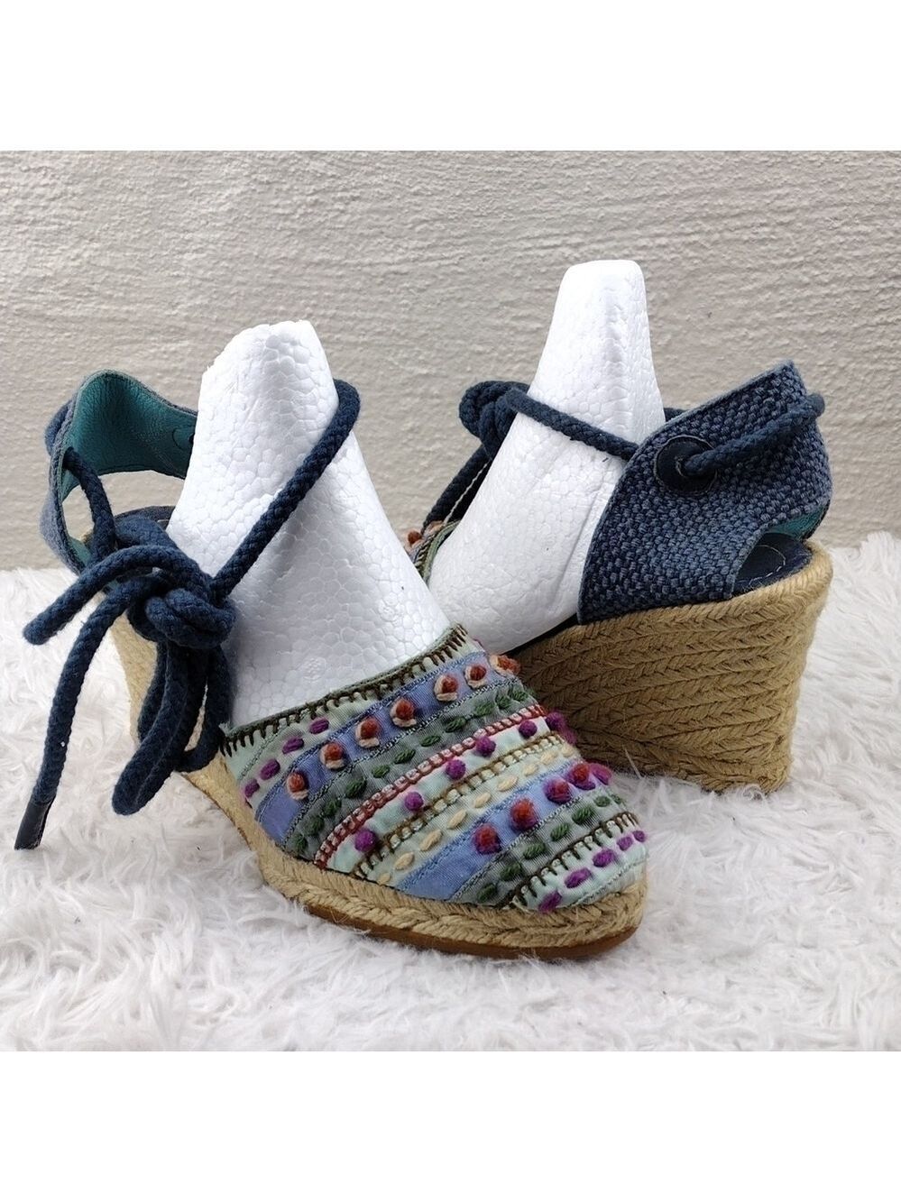 Apepazza Blue Fabric Upper Closed Toe Lace Up Gladiator Wedged Heel Espadrilles